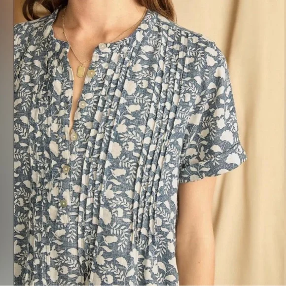 Faherty Gemina Pintuck Short Sleeve Linen Blend Shirt Dress In Blue Stripe Sz M - Picture 3 of 10